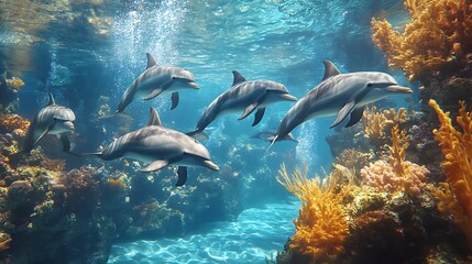 Fototapeta premium Dolphin Symphony: A pod of graceful dolphins dance and play amidst vibrant coral reefs in a captivating underwater scene. The sunlight filters through the crystal-clear water.