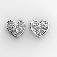 Intricate heart-shaped silver earrings with floral patterns on white background