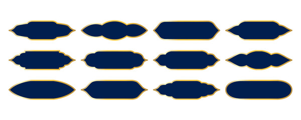 Set of shape in dark blue with gold borders.  Elegant Arabic, Moroccan and Persian ornamental elements. For Ramadan, Eid Mubarak, and Islamic design projects