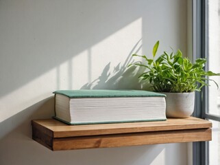 Book sitting on a raw wooden shelf.