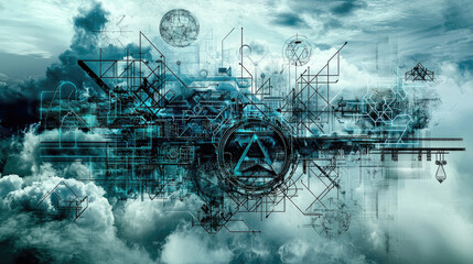 Abstract digital artwork depicting intricate geometric patterns and shapes against a cloudy sky