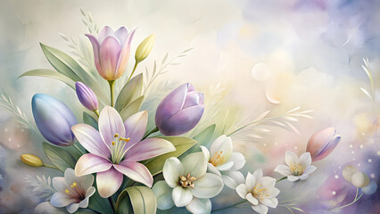 Fototapeta premium Watercolor floral background of blooming lilies and soft greenery in lavender and white, symbolizing purity and Easter spirit, vibrant and cheerful, with copy space 