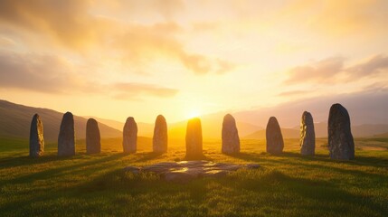 mystical stone circle, golden light illuminates ancient stone circle at sunrise, symbolizing balance of day and night during spring equinox