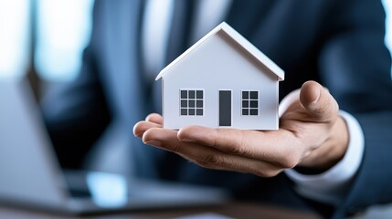 Hand holding small house model. Real estate agent offering home, investment, property concept.