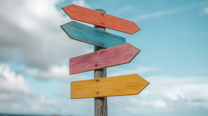 A weathered wooden post topped with brightly painted direction signs points towards different paths under a partly cloudy sky offering a sense of adventure and choice