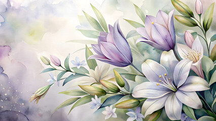 Fototapeta premium Watercolor floral background of blooming lilies and soft greenery in lavender and white, symbolizing purity and Easter spirit, vibrant and cheerful, with copy space 