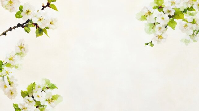 spring blossom postcard, a light and cheerful postcard showcasing delicate cherry blossoms, fresh green leaves, a watercolor backdrop, and a spacious area for text in the middle