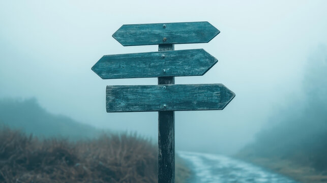 A weathered wooden signpost stands at a crossroads on a foggy road offering multiple direction choices in a serene natural landscape creating a mysterious atmosphere
