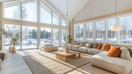 Fototapeta premium Bright living room showcases a stunning winter wonderland landscape
