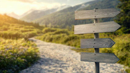 Mountain path with wooden direction signs providing a choice of routes through a scenic landscape offering decision-making opportunities for travelers