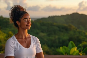 Serene Latin Woman Enjoying a Peaceful Sunset &ndash; Mindful Wellness and Relaxation Outdoors