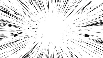 Obraz premium Bokeh black lines on white transparent background, black radial lines and splatter effects on a transparent background, creating an explosive dynamic visual effect.