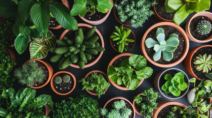 Overhead view of a diverse collection of potted plants showcasing various shapes textures and vibrant green hues creating a miniature indoor garden oasis