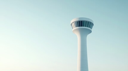 conceptual minimalistic design of airport control tower reduced to simple geometric shapes with smooth gradient sky