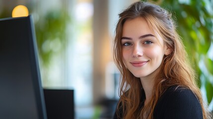 Fototapeta premium Portrait of an Elegant Woman with Long Flowing Hair in a Softly Lit Environment Capturing a Sense of Grace and Beauty with a Touch of Natural Charm and Timeless Elegance in Lifestyle Photography