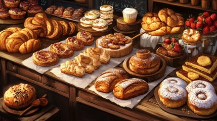 Delicious Pastries and Breads Displayed on a Wooden Bakery Counter