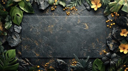 Tropical leaves frame dark stone, gold accents, ad space