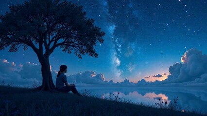 A woman sits under a tree by a lake at night. The sky is dark and filled with stars