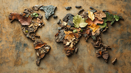 A creative world map made of leaves stones and natural elements showcasing global environmental awareness and the beauty of earth diversity