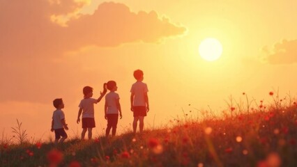 Fototapeta premium A group of children are standing in a field, looking up at the sun. The sky is orange and the sun is shining brightly. Scene is peaceful and serene, as the children are enjoying the beauty of nature
