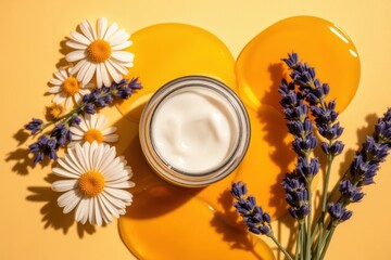 Natural skincare on yellow background. Cream with honey, lavender and chamomile flowers.