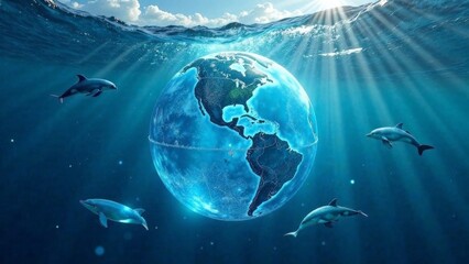 A blue and white globe with dolphins swimming around it. The dolphins are in the water and the globe is in the water