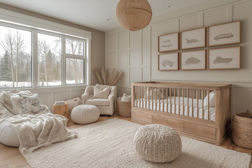 Photographie immobilière d’une chambre de bébé moderne avec des couleurs neutres, des textures douces et des accents en bois inspirés du style scandinave. HDR, 3D, design, tendance, architecte