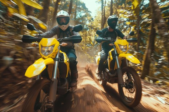 Two motorcyclists riding in dense forest path. Neural network AI generated