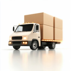 delivery truck carrying large cardboard boxes with glowing accents on white background
