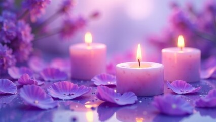 Three candles are lit on a table with purple flowers in the background. The candles are arranged in a row, with one in the middle and two on either side. The scene creates a calming