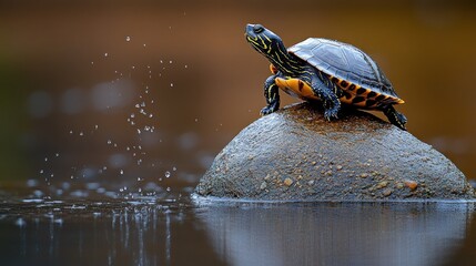 Fototapeta premium Turtle basking rock pond autumn wildlife nature
