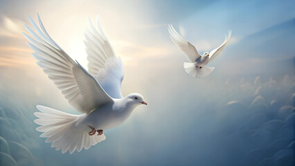 Obraz premium Watercolor doves in flight with soft colors, symbolizing peace and resurrection, airy and hopeful, with copy space 