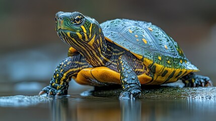 Obraz premium Turtle basking, pond, nature, closeup, wildlife, water