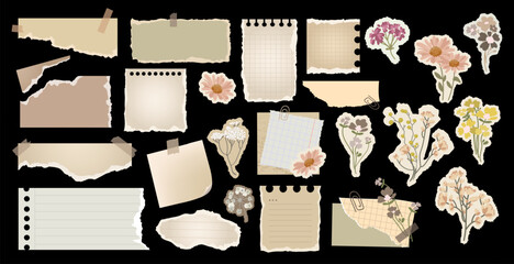 Old Torn paper notes ,floral stickers Aesthetic collection for scrapbooking, journaling,digital planners, and creative designs,set elements.Retro Notebook Paper Pieces Vector illustration