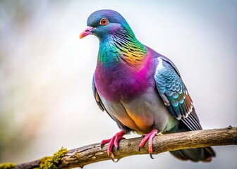 Obraz premium Close-up Pigeon on Branch, Isolated, Low Light, White Background - Perfect for Text Overlay