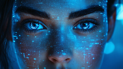 Front view of the face of a woman wearing blue digital cyber technology.