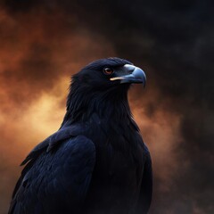 Fototapeta premium Majestic black eagle portrait against a fiery backdrop, embodying power and intense focus.