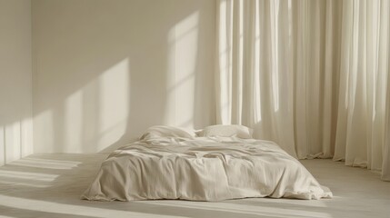 A minimal monochrome bedroom scene bathed in morning sunlight