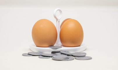 Eggs with coins in front of them representing expensive eggs. 