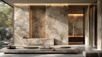 Modern spa interior with zen patio and natural stone