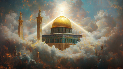 Golden Dome Mosque above clouds, radiant light, peaceful scene, religious art, spiritual imagery