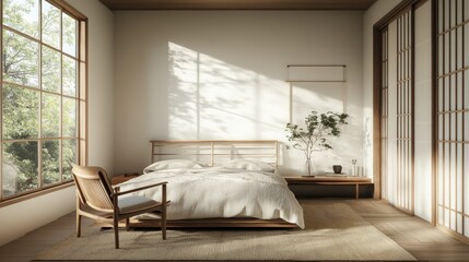 Fototapeta premium A sunlit bedroom displays calming neutral colors with natural textures