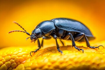 Naklejka premium Close-up Tilt-Shift Photo of Black Beetle on Yellow Background - Perfect for Educational & Nature Designs