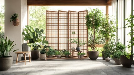 Fototapeta premium Indoor greenery thrives near a wooden screen in a sunlit space