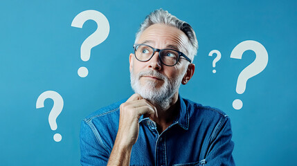 Thoughtful Senior Man in Glasses Thinking with Question Marks on Blue Background