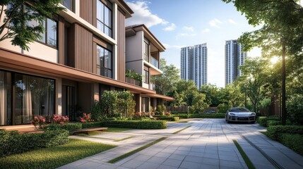 Modern townhouses with lush landscaping and city views