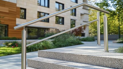 Modern stainless steel railing on outdoor steps, apartment building background