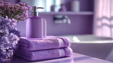 Elegant Lavender Bathroom Decor with Purple Soap Dispenser, Towels, and Fresh Flowers