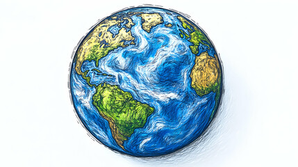 Hand-drawn Earth globe, continents, oceans, white background, environmental awareness campaign
