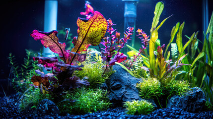 Vibrant underwater scene featuring colorful aquatic plants and stones in a well-lit aquarium